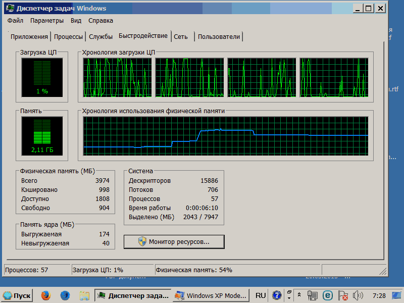 Производительность Windows XP объем памяти 2,11 ГБ